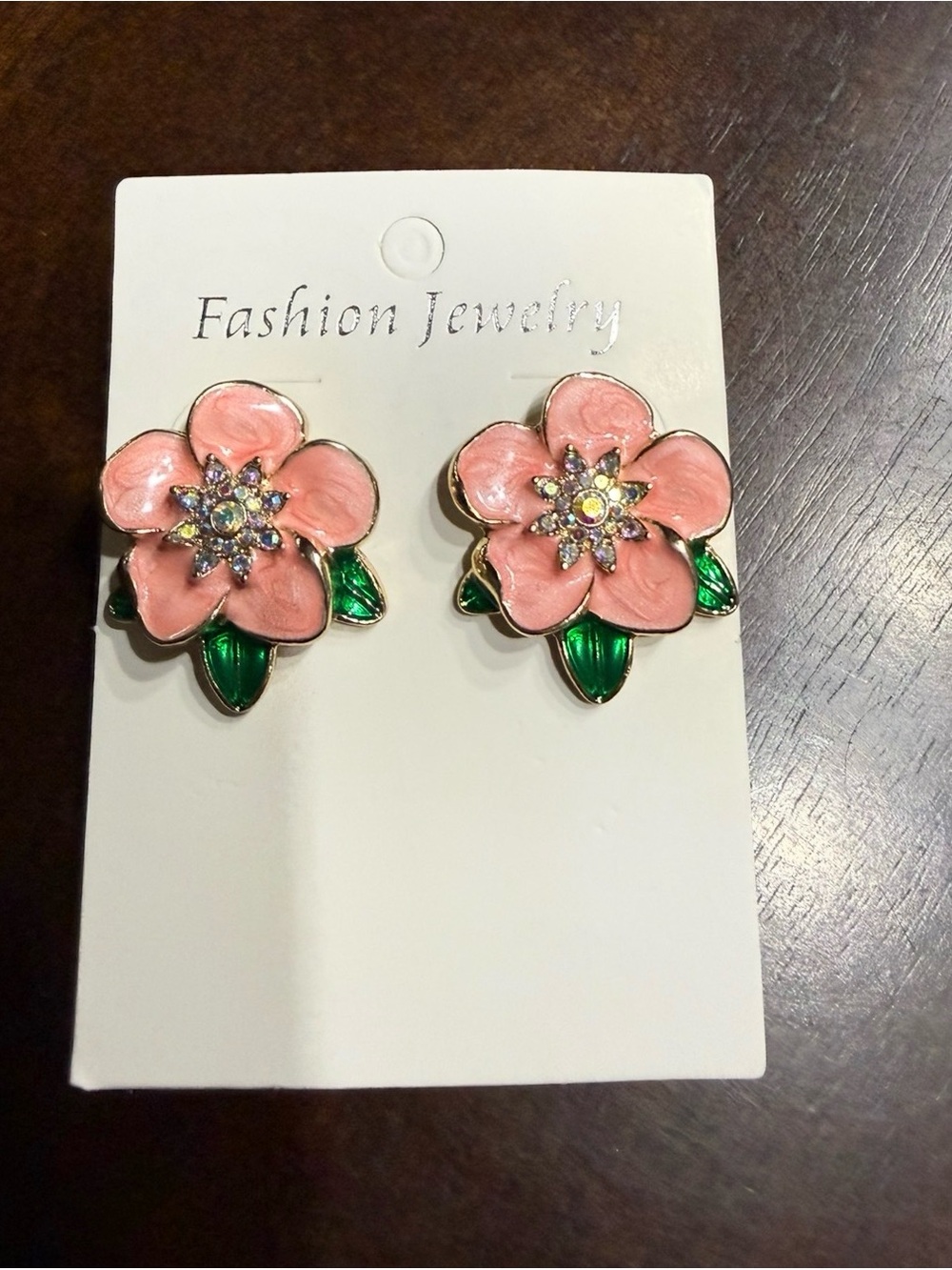NEW Enamel Pink Flower Earrings with Green Leaves